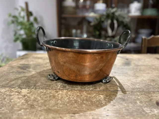 Antique Victorian Copper Two Handled Preserve Pan With Brass Claw Feet