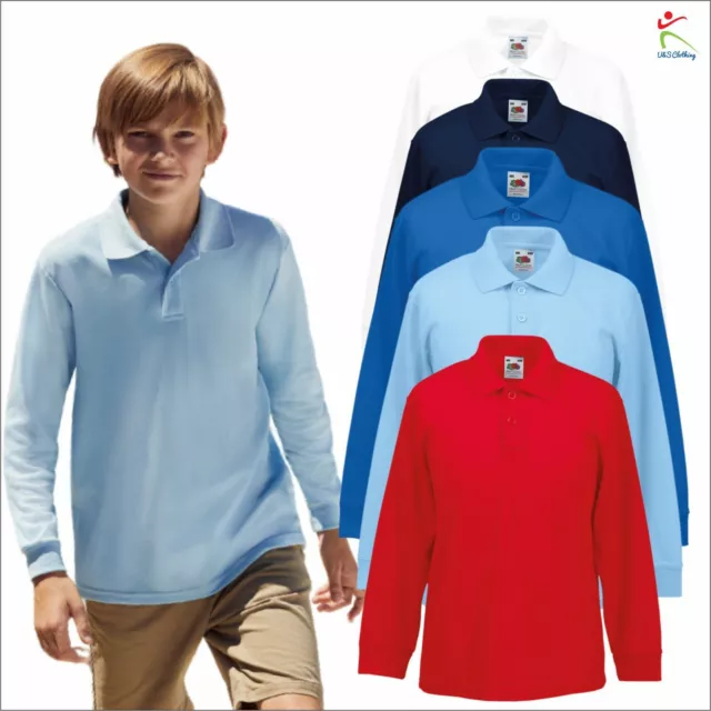 Fruit Of The Loom Kids Long Sleeve Pique Polo Shirt Casual Plain Tee Shirt TOP