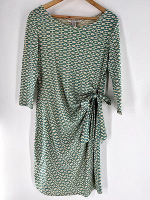 AA Studio Women's 12 Faux Wrap Print Dress Teal Beige Ruching 3/4 Sleeve Stretch