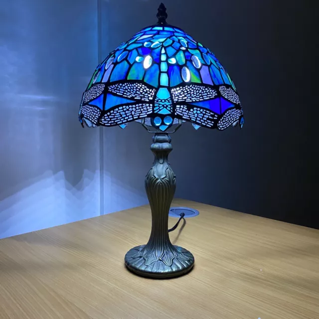 Tiffany Multicolored Dragonfly Style Green Table Lamp Hand Crafted 10 inch Glass