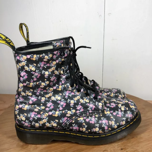 Dr Doc Martens Boots Womens 8 Floral Classic Black Pink Leather 11821 Lace Up