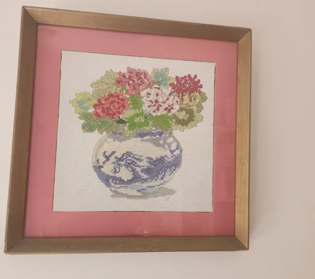 Vtg Needlepoint tapestry Flowers blue white vase Framed Cottage Granny handmade