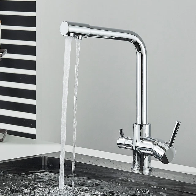 XJTNLB 3-Wege-Küchenarmatur – Drehbarer Vorfensterhahn Mit Klappfunktion, Chrom, Für Trinkwasserfilter & Warm/Kaltwasser