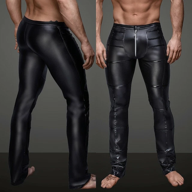 Hommes Pantalon Pochette Brillant Slim Fit Serré Mouillé Look Noir Club Leggings