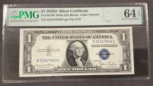 1935D $1 Silver Certificate Fr#1613W Wide (EG Block) PMG 64 Choice Unc. EPQ
