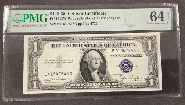 1935D $1 Silver Certificate Fr#1613W Wide (EG Block) PMG 64 Choice Unc. EPQ