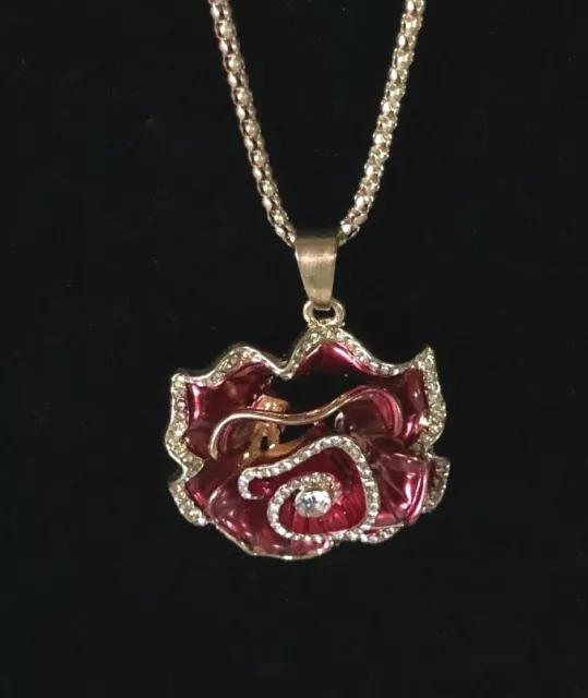 Betsey Johnson Necklace Flower Gold Burgundy  Crystals Enamel Gift Box Bag Lk