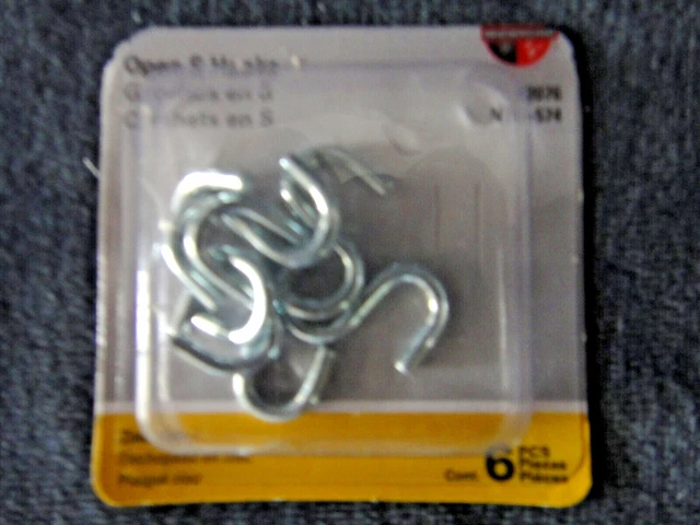 6 pk 1" Open S Hooks Zinc Plated
