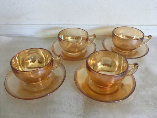 Jeanette Glass Co Tea Cup and Saucer Marigold Iridescent Carnival Glass Set of 4