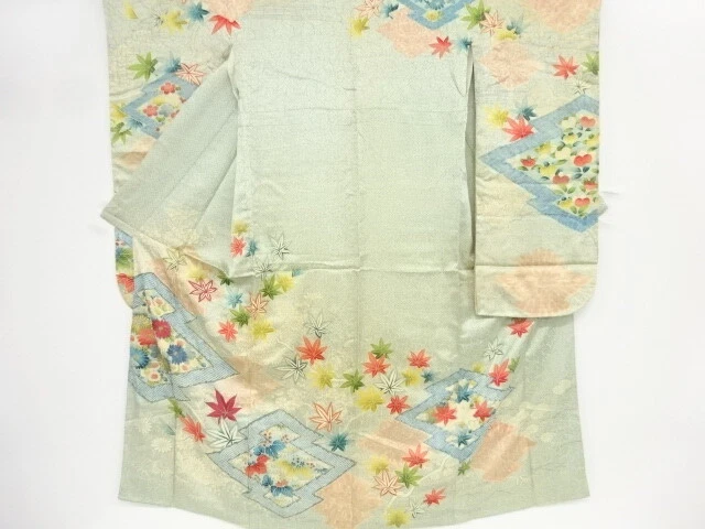 80208# Japanese Kimono / Antique Furisode / Embroidery / Matsukawabishi & Fl