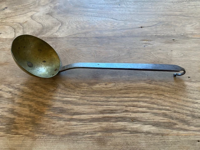 Antique 19Th C Hand Forged Iron Brass Bowl Ladle 2 Copper Rivers Blacksmith