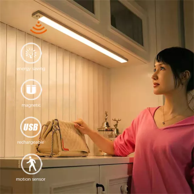 LED Motion Sensor Under Cabinet Closet Light USB Rechargeable Kitchen Nightlamp