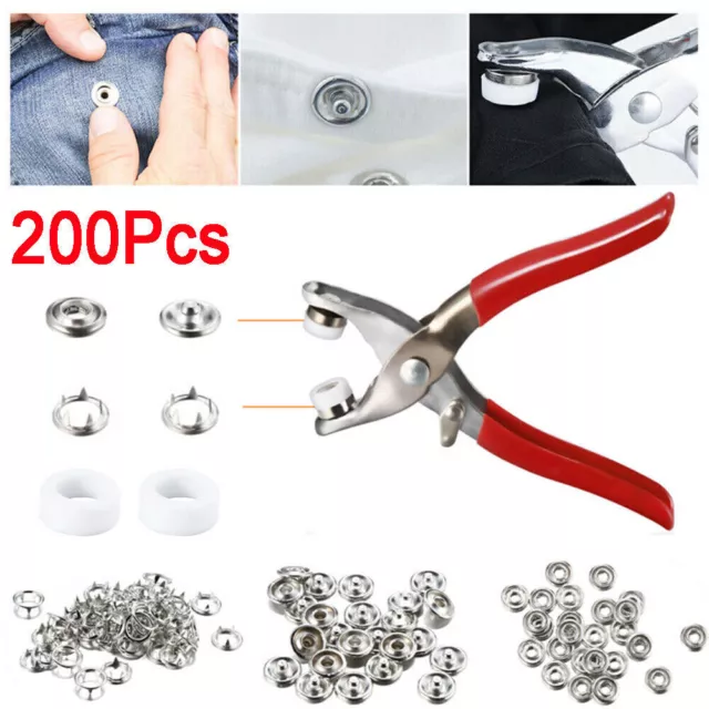 UK~200PCS Prong Pliers Ring Press Studs Snap Popper Fasteners 9.5mm DIY Tool Kit
