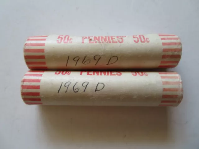 1969 D Penny Rolls-2 Rolls-Uncirculated-Bank Wrapped Rolls-A Penny 4 Yer Thought
