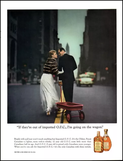 1964 O.F.C. Whisky NYC Couple little red wagon retro photo print ad adL64