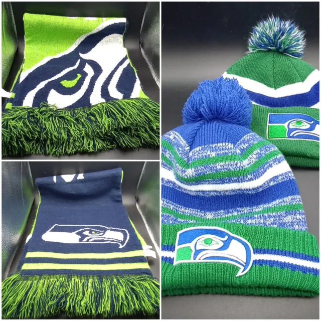 Seattle Seahawks Scarf & Knit Hat/Beanie Lot of 2 Each - Winter Football