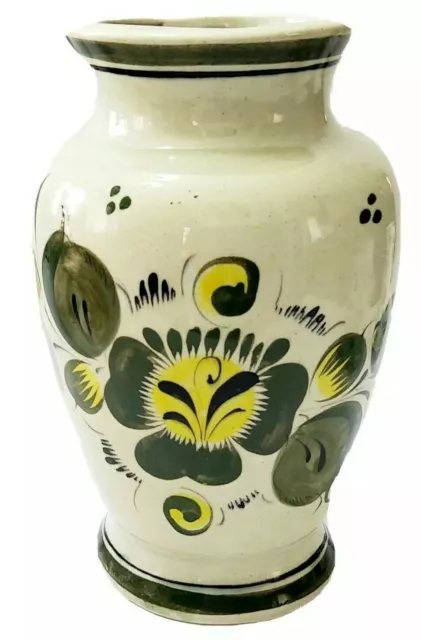 Vintage Beautiful Hand Painted Vase Signed Green & Yellow Flowers Blue Design 8"