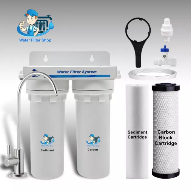 Twin Undersink Water Filter System 2 Stages Stainless Steel Tap  Sediment Carbon