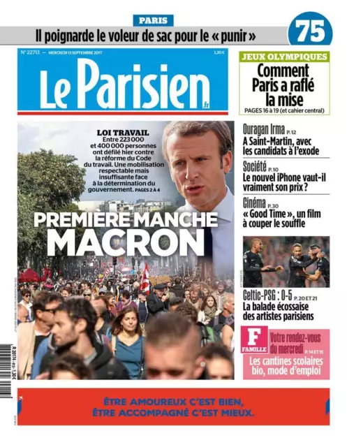 Le PARISIEN (75) n° 22713 du 13/9/2017*MACRON gagne contre RUE & CGT*iPhone PRIX