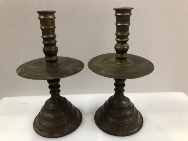 Fine Antique Old Bronze Pair Of Candlestick Candle Holder 18th Ancient