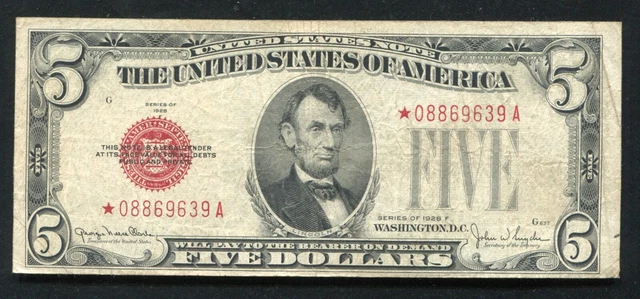 Fr. 1531* 1928-F $5 Five Dollars *Star* Legal Tender United States Note Vf
