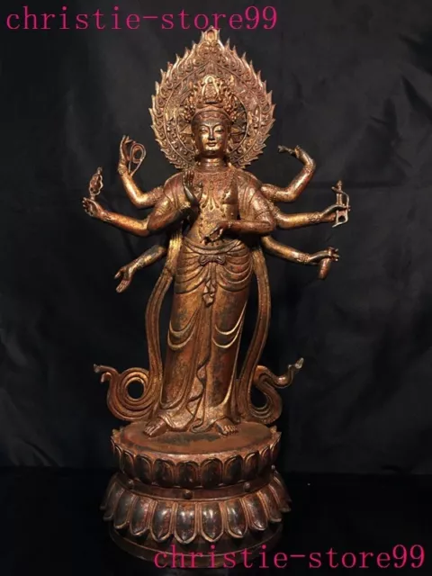 16" Tibet Buddhism bronze gilt 8 arms Stand Tara Kwan-yin Goddess Buddha Statue