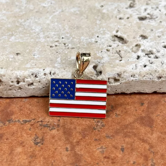 14KT Yellow Gold & Enamel American Flag Pendant Charm USA NEW Red White & Blue