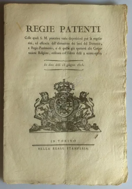 Regno di Sardegna 1815 - Regie Patenti - Alienazione Beni Demanio e Corporazioni