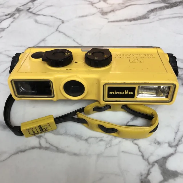Minolta Weathermatic A 110 Film Yellow Underwater Camera Flash & Strap Vtg