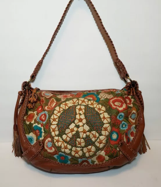 Isabella Fiore Floral Peace Sign Nicole Embroidered Leather Hobo Handbag $695