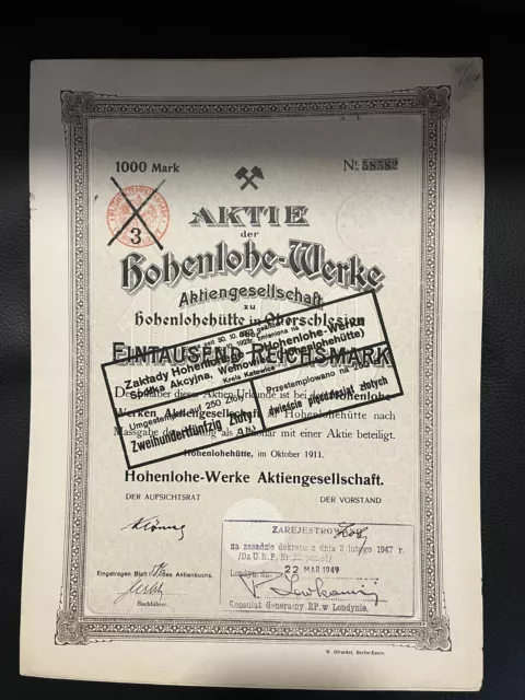 Hohenlohe-Werke AG 1911, Oberschlesien 1.000 Mark