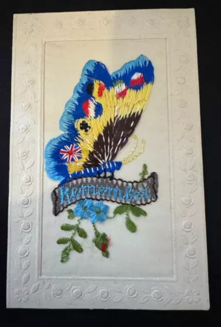 Very Rare Patriotic: Butterfly Allied Flags: Ww1 Embroidered Silk Postcard: 1915