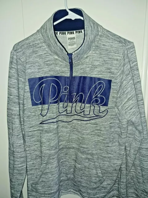 Victoria Secret PINK Quarter Half Zip Sweatshirt M Blue women gray logo