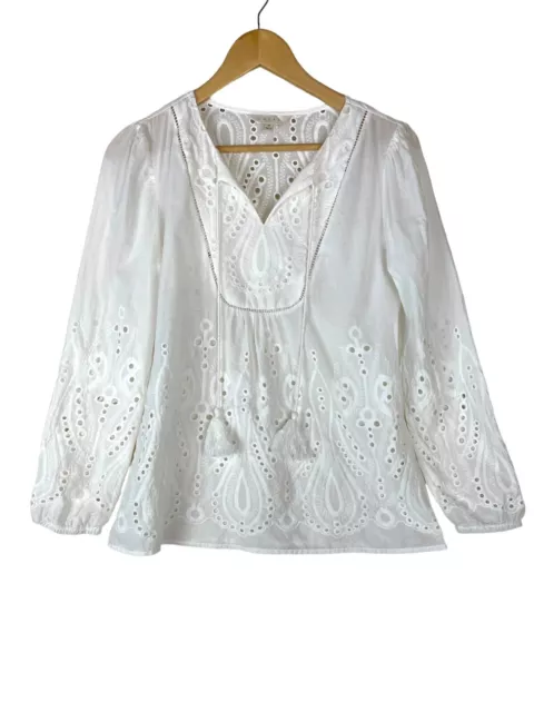 ADIVA Top Women Size Small White Eyelet Cotton Peasant Blouse Boho Feminine