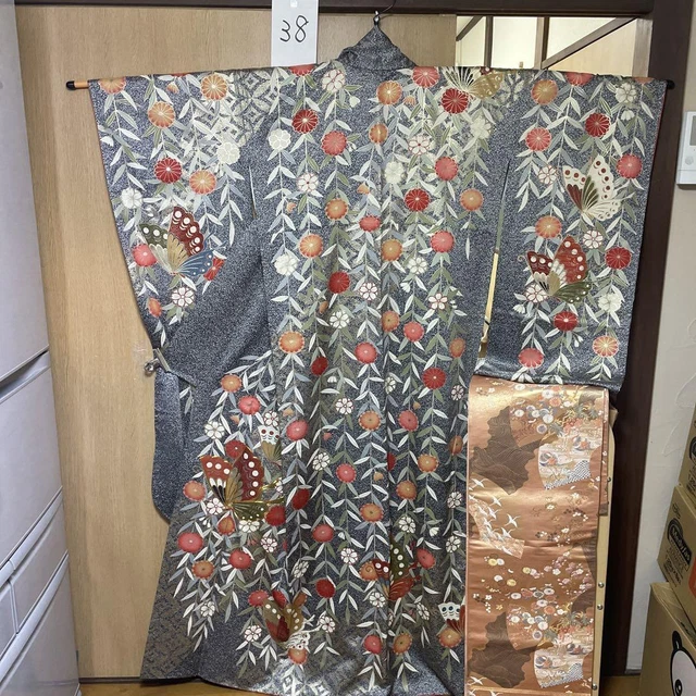 Kimono & Obi set gray sakura butterfly long sleeves Japanese furisode belt #16