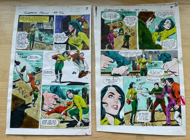 SUPERMAN FAMILY #169 ART original COLOR GUIDES 2 pgs 1975 BULLETS ...