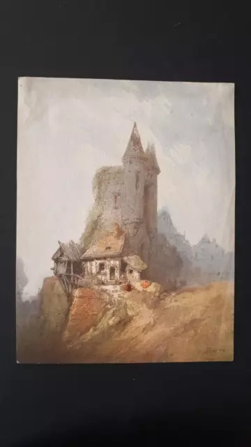 Superbe XIXème siècle dessin signé original aquarelle paysage ruines médièvales 3