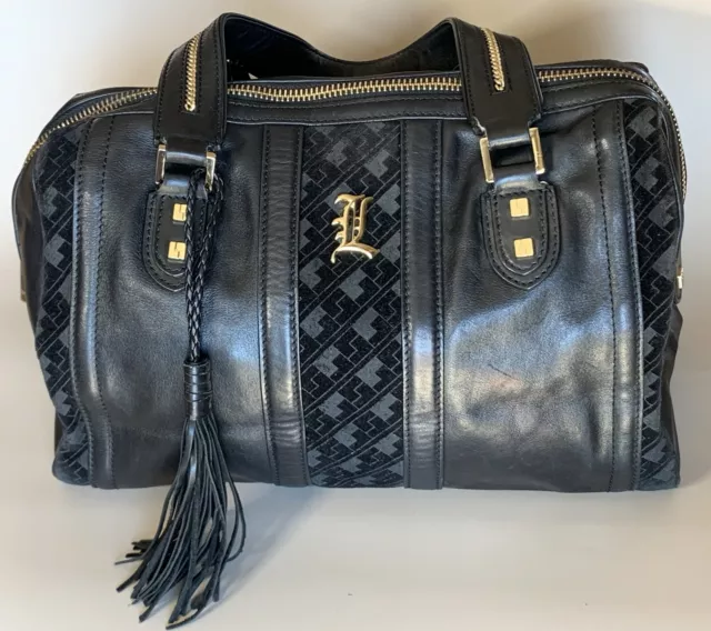 L.A.M.B. Top-Handle Womens Leather Handbag Zipper Bag Black/Gold