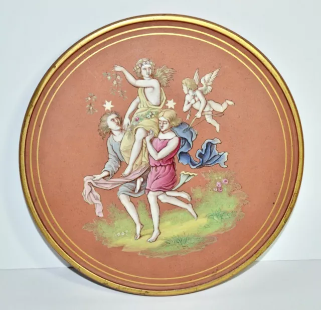 Antique Vtg 1861 Painted/Glazed Round Ceramic Red Clay Victorian Art Tea Tile