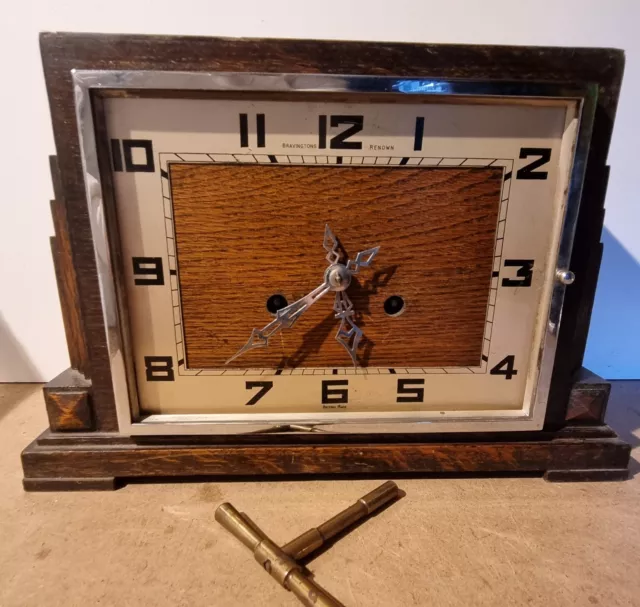 1930s English Art Deco Cubist Mantle Clock / Chimes + Key Bravingtons