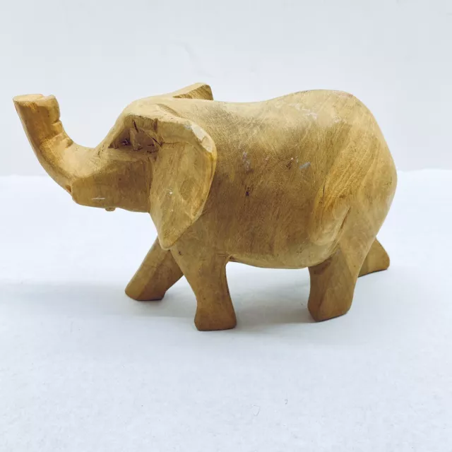 Wood Elephant Statue Hand Carved Wooden Figurine Lucky Trunk Up Sculpture
