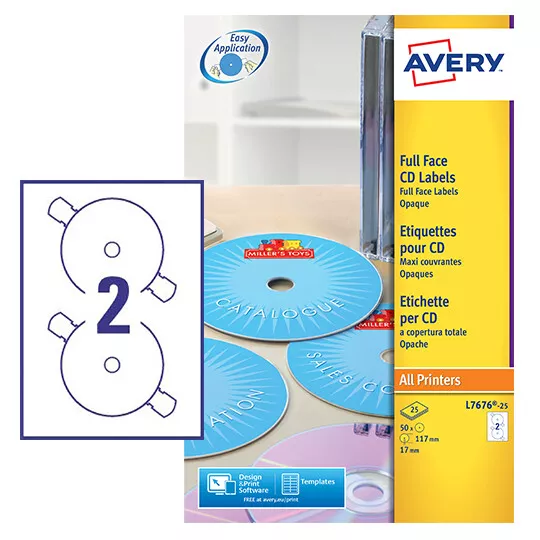 Avery L7676-25 Full Face Matt  CD/DVD Laser Labels 2 labels/sheet, 25 sheet pack