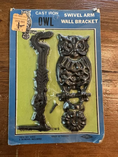 Vintage Black Cast Iron Owl Swivel Arm Wall Bracket Hook Nip