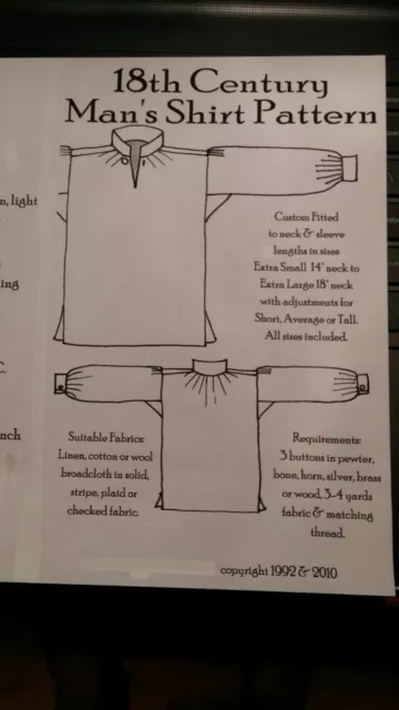 Men's 18th Century Shirt Pattern. F&I, Rev War, Living History