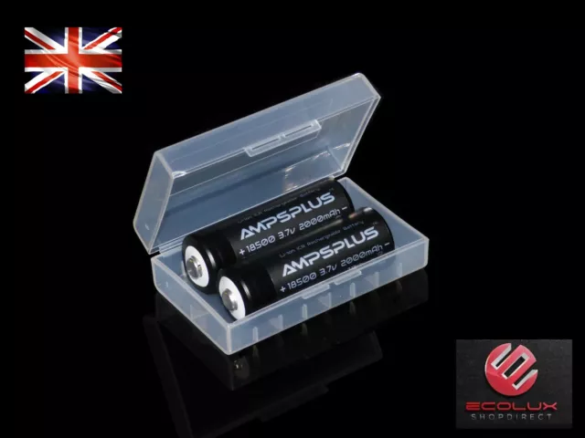 2x Ampsplus 18500 2000mAh Battery 3.7V Button Top Lithium Rechargeable Batteries