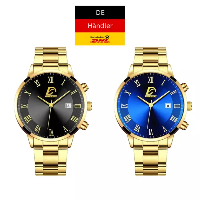 Mode Herren Luxus Edelstahl Quarz Armbanduhr Kalender Business Uhr Gold