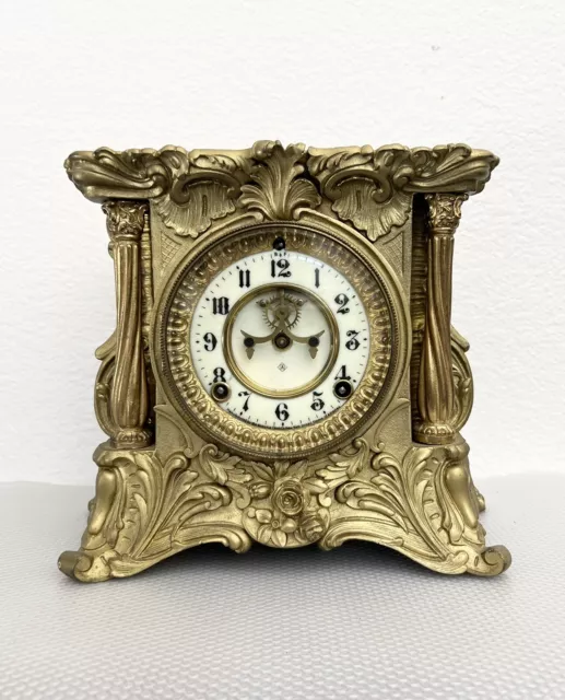 Antique Ansonia “Minerva” Mantle Rococo Style Gilded Metal Clock June 14 1871