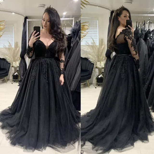 Gothic Black Long Sleeve Wedding Dresses V Neck Lace Appliques Bridal Gowns