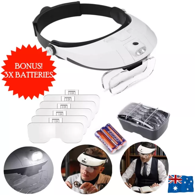 2 LED Lamp Head-Mounted Magnifier Jeweler Magnifying Glass Loupe Headband Light