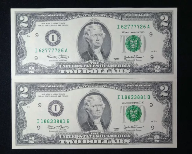 Radar $2 Dollar Note Bill 2003. I- Minneapolis Set Of 2 Notes, Free Shipping